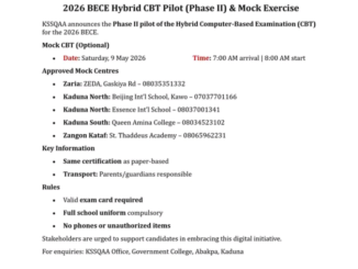 Check your Kaduna BECE CBT 2026 – Mock Exam Date, Centres