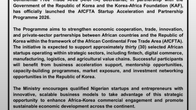 AfCFTA Startup Acceleration & Partnership Programme 2026 Opens for African Entrepreneurs