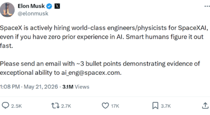 Elon Musk Announces SpaceXAI Recruitment for Engineers & Physicists Worldwide 