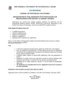 FUTA Postgraduate Admission 2026